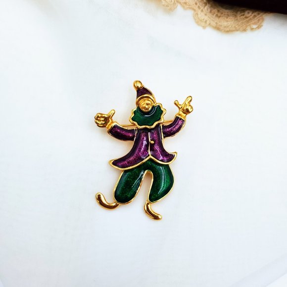 Articulated Clown Hard Enamel Pin, Cute Holiday Shawl Scarf Brooch - Picture 6 of 10